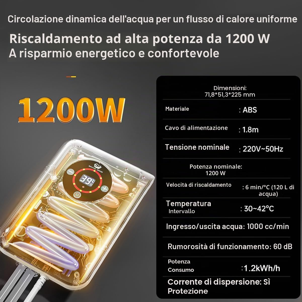 Vasca Da Bagno Portatile Per Adulti Riscaldatore - 1200W Riscaldatore Piscina，Con Protezione Contro Il Surriscaldamento，Mantiene Una Temperatura Dell'acqua Costante Da 30 A 43°C