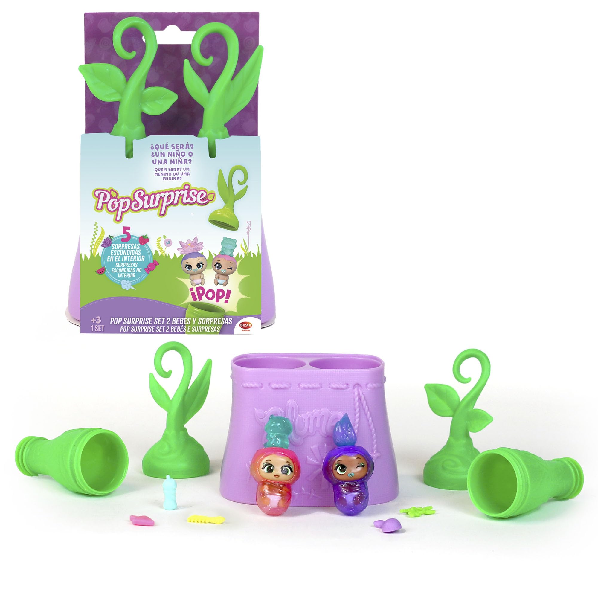 Bizak Pop Surprise Set with 2 Babies and Surprises, 2 Surprise Capsules with Accessories and Costumes, Gender Reveal, Interchangeable Costumes, +50 to Collect, from 3 Years (64580001)