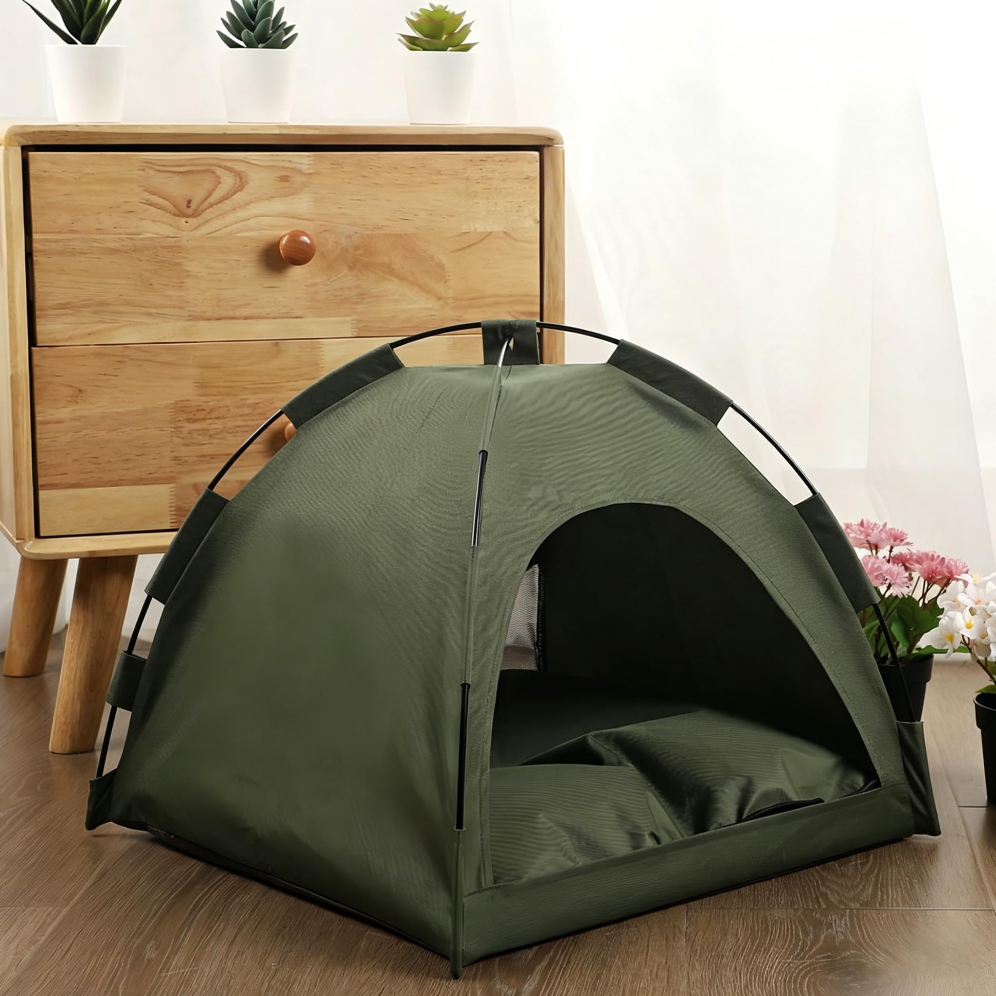 Tente tipi pour animaux de compagnie, tente pour chien et chat avec coussin en peluche, tentes pour animaux de compagnie, maisons pour chats et chiens (vert armée, L : 50 x 50 cm (convient aux animaux