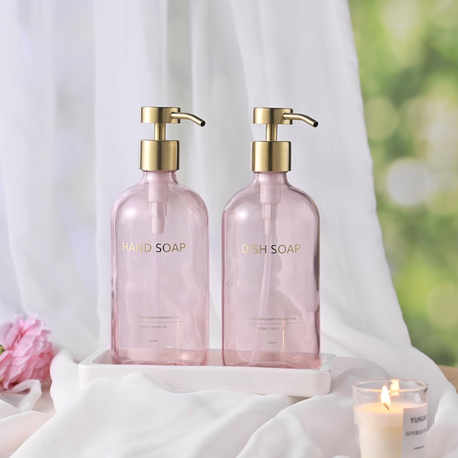 Glass Kitchen Soap Dispenser Set with Ceramic Tray,16.9 floz Hand and Dish Soap Dispenser for Kitchen and Bathroom Decor (Pink Bottles + Gold Pumps)