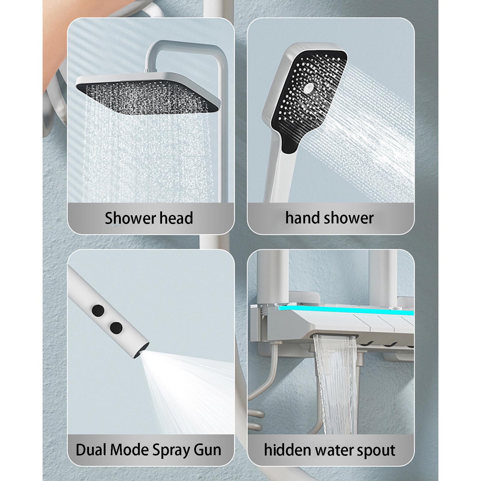 Set Doccia con Rubinetto termostatico con Display Digitale, 4 funzioni, con soffione da 12", doccetta, doccetta per Bidet, beccuccio per Vasca