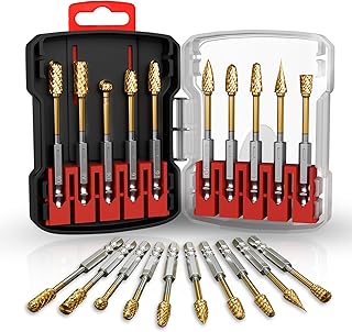 10PCS Titanium Gold Carbide Burr Set for Die Grinder Bits, 1/4" Quick-Change Shank,Compatible with Milwaukee & DeWalt | Metal/Wood/Stone Grinding & Cutting | Premium Storage Case
