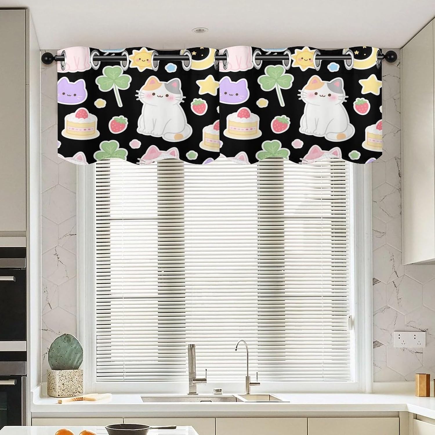 Cat Lucky Clover Curtain 2 Panels, Polyester Fiber, Blackout Insulated Window Curtain, Curtain Valance for Kitchen Dining Room Living Room Cafe Small Window 52 * 18.1 Inches