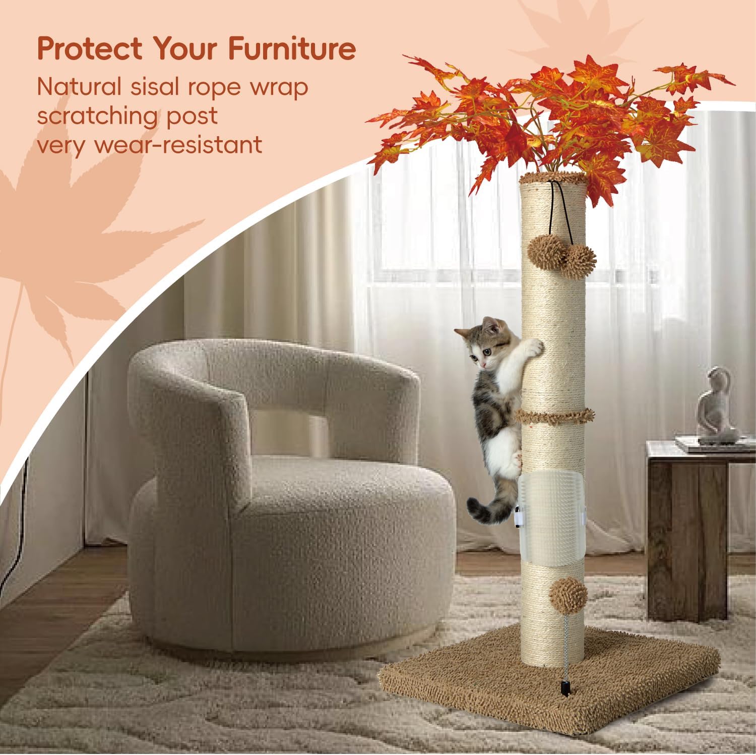 review Cat Scartching Post，35-inch Heavy Duty and Thicker Large Scartching Posts for Indoor Cats,Natural Sisal Rope and Hanging Ball Toy, Self-Grooming Brush,Beige