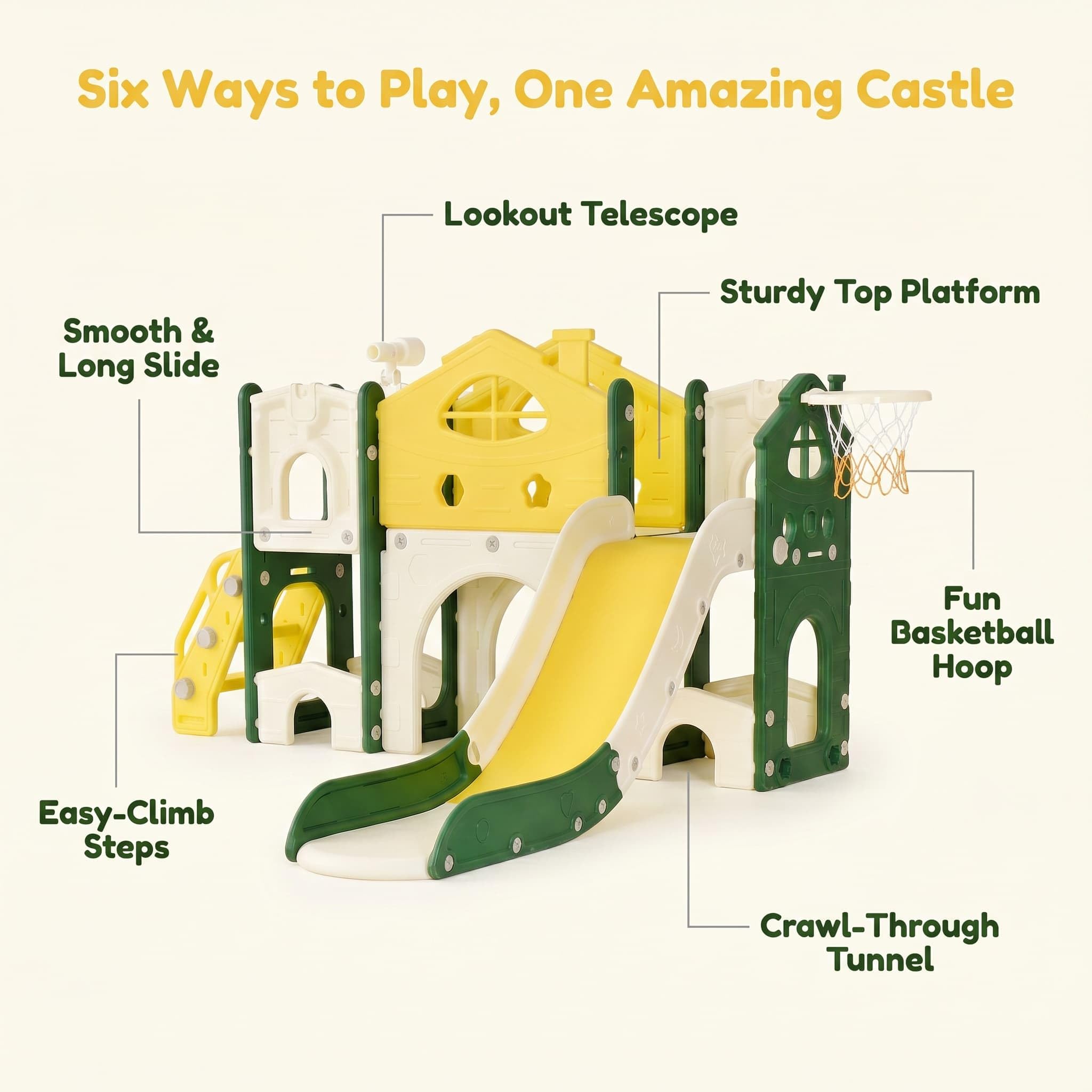 7 in 1 Kinderrutsche mit Kletterleiter,Indoor Outdoor Kinderspielplatz | Kleinkinderrutsche mit Basketballkorb, Klettergerüst, Teleskop, Tunnel, Plattformgang, Aufbewahrungskorb, Kinder Spielplatz