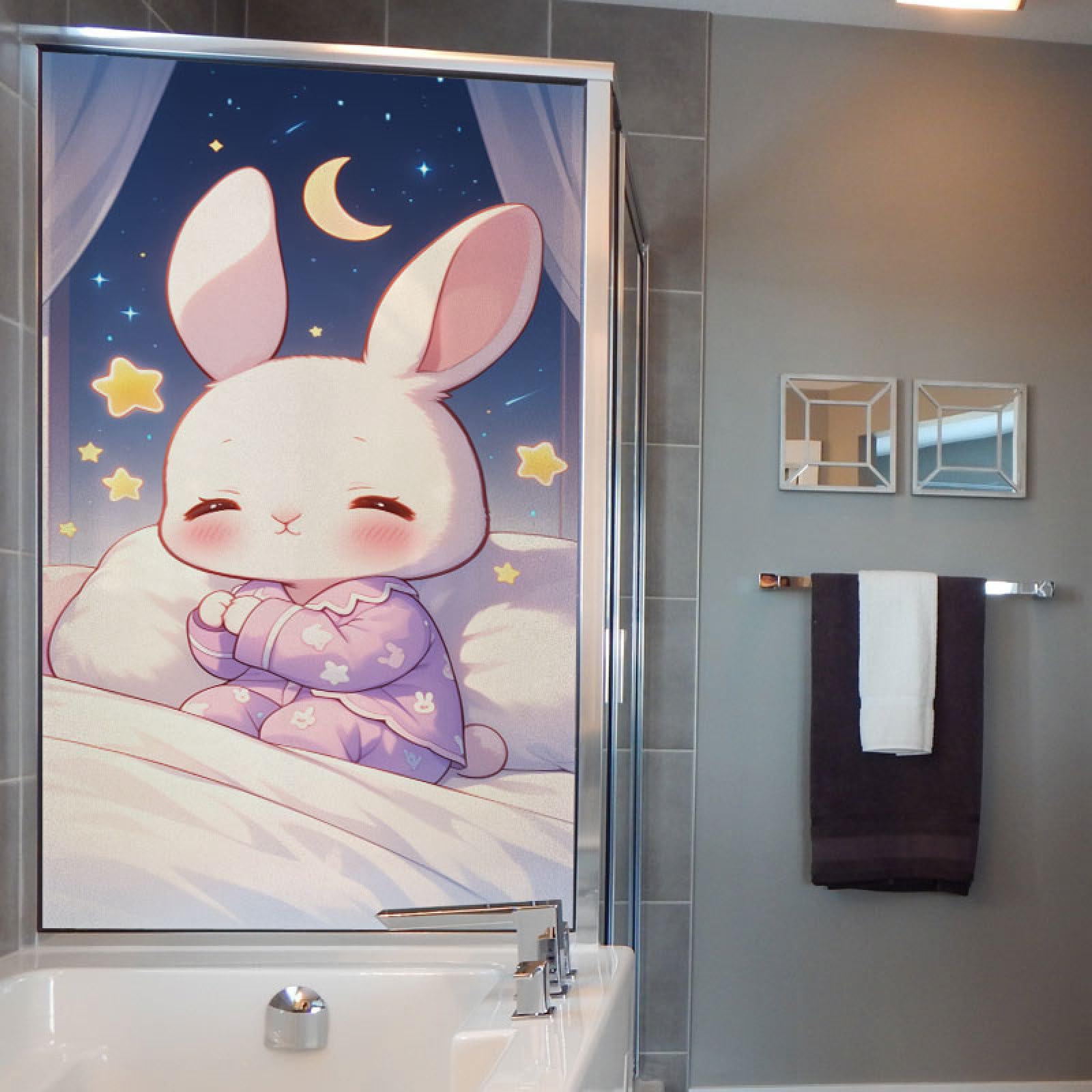 Film vitre anti-regard électrostatique lune lapin violet pour stopper le vis-à-vis sans assombrir