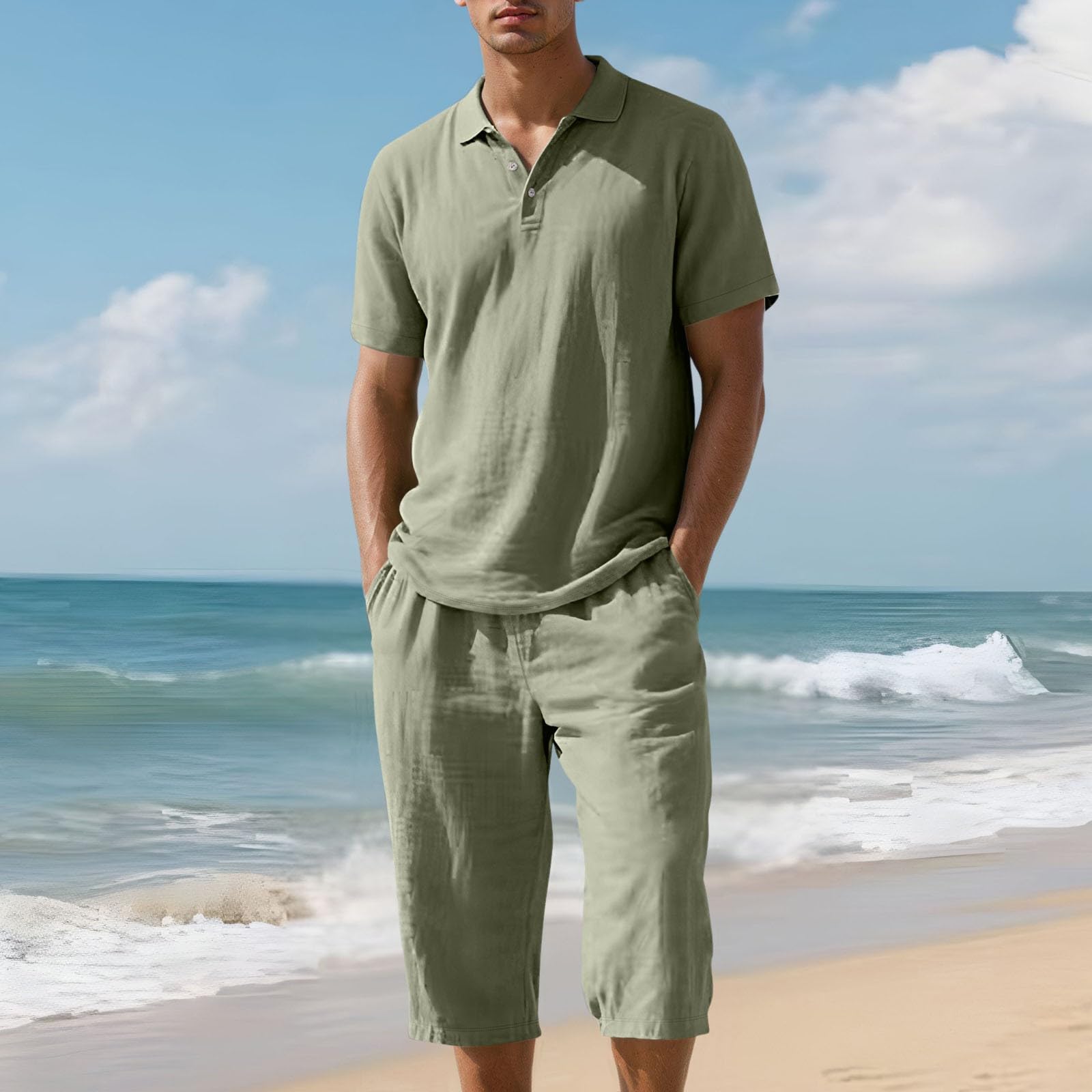 Short Et Chemise en Lin Homme 2 Pièces, Coupe Ample Décontractée, Tissu Très Respirant Et Léger, Tenue Estivale Idéale pour La Plage Et Les Vacances