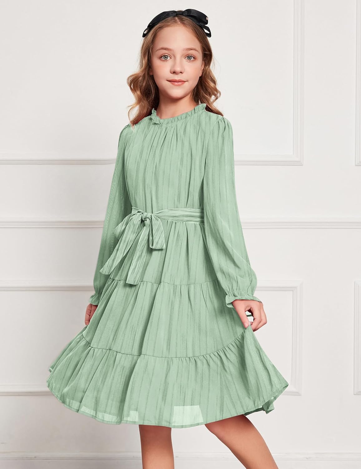 Arshiner Girls Long Sleeve Dress Tween Fall Formal Party Holiday Midi Tiered Flowy Swing Dresses with Belt 5-13 Y