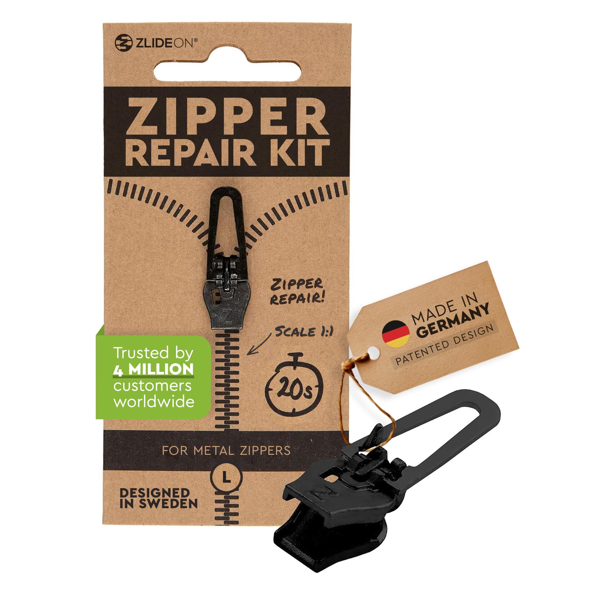 ZlideOn Zipper Pull Replacement - 1pcs, Black, Normal (L) - 5A - Instant Zipper Replacement Slider for Metal Zippers