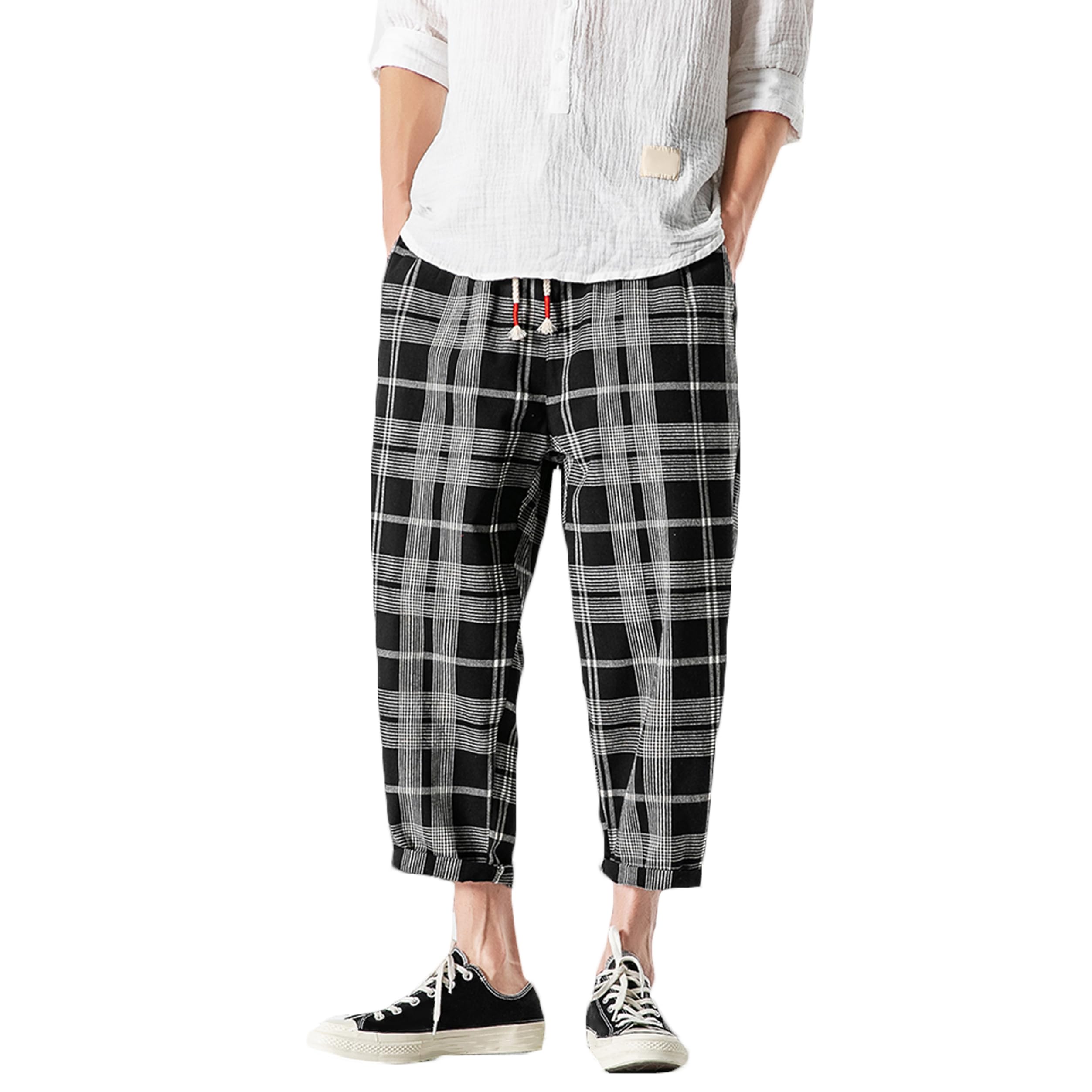 Mens Harem Pants Wide Leg Capri Pants Casual Streetwear Japanese Shorts | Lightweight Plaid & Cat Printed Capris Elastic Waist Drawstring Breathable