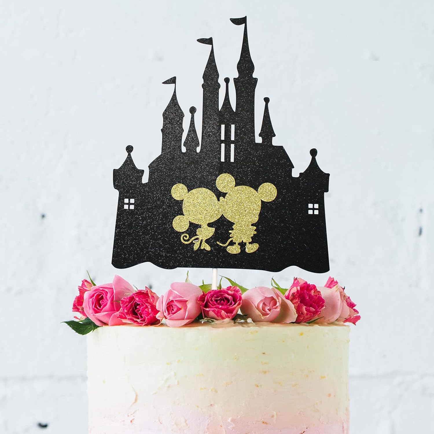 Amazon Com Fairytale Castle Cake Topper For Wedding Party Decorations Mickey Minnie Mouse Themed Birthday Cake Decor Engagement Party Supplies Black Glitter Grocery Gourmet Food