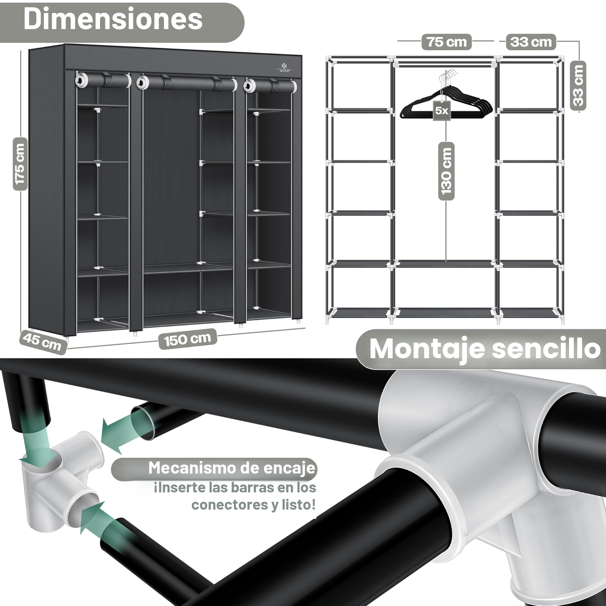 KESSER® Armario de tela estable con barra y estantes, incluye 5 perchas, armario plegable de tela para dormitorio, vestidor con perchero, 150 x 45 x 175 cm, antracita