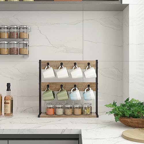 Miniatura 3 de IBUYKE Soporte de Madera para Tazas de Café para Encimera, Soporte para Árbol de Tazas de 16 Ganchos con Base de Almacenamiento, Organizador de