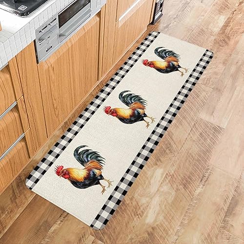 Miniatura 5 de Farmhouse - Juego de 2 tapetes de cocina retro con diseño de gallo en blanco y negro, antifatiga, de espuma viscoelástica, antideslizante, para