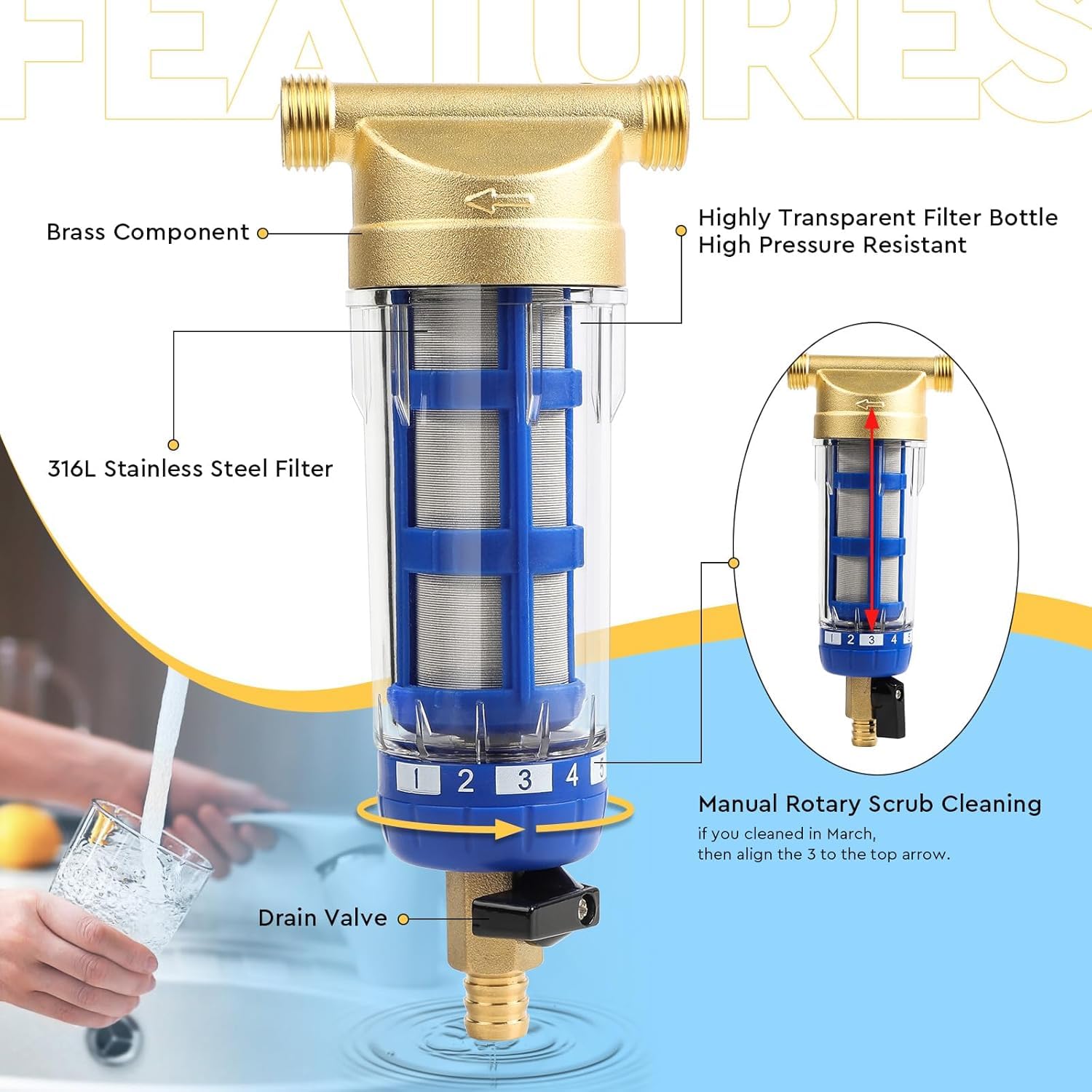 Sedimentfilter, Ganzes Haus Wasserfiltergehäuse Wiederverwendbares Ganzes Haus Spin-Down-Sediment-Wasserfilter Raffinierter Kupferkopf Spin-Down-Sediment-Vorfilter
