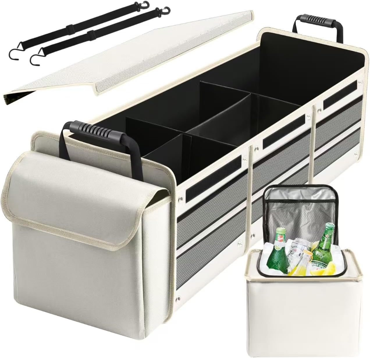 Car Trunk Organizer with Insulated Leakproof Cooler Bag, 4 in 1 Waterproof Portable Car Storage Organizer with Collapsible Cover, 3 Large Compartments, Trunk Organizer for SUV, Car, Truck (Beige)