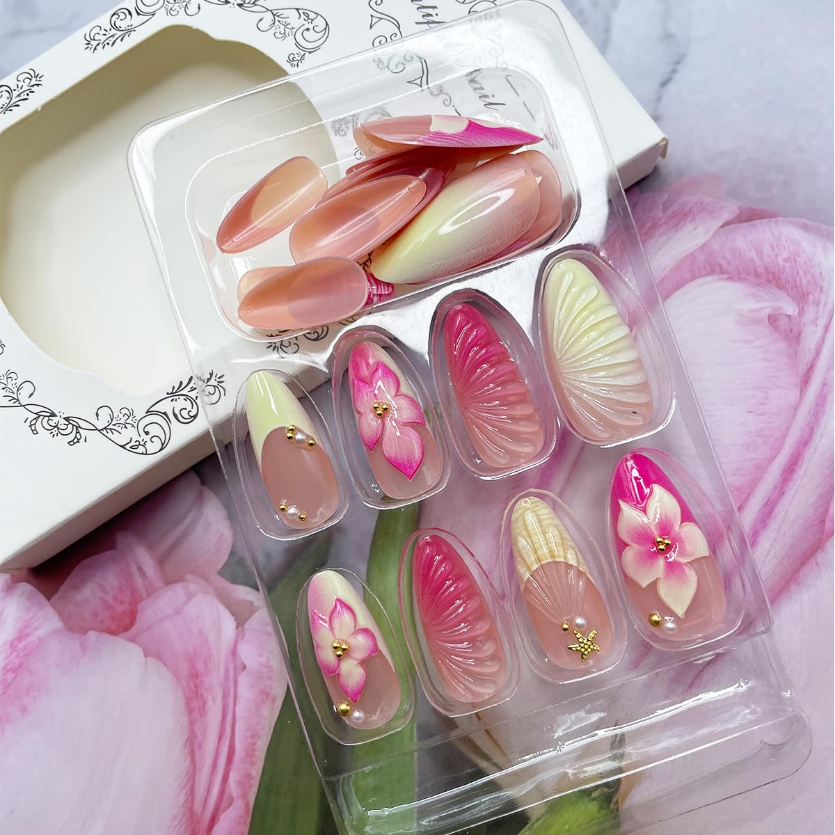 Lot de 24 faux ongles artificiels en forme d'amande avec fleurs hawaïennes roses en acrylique et strass dorés - Pour femme