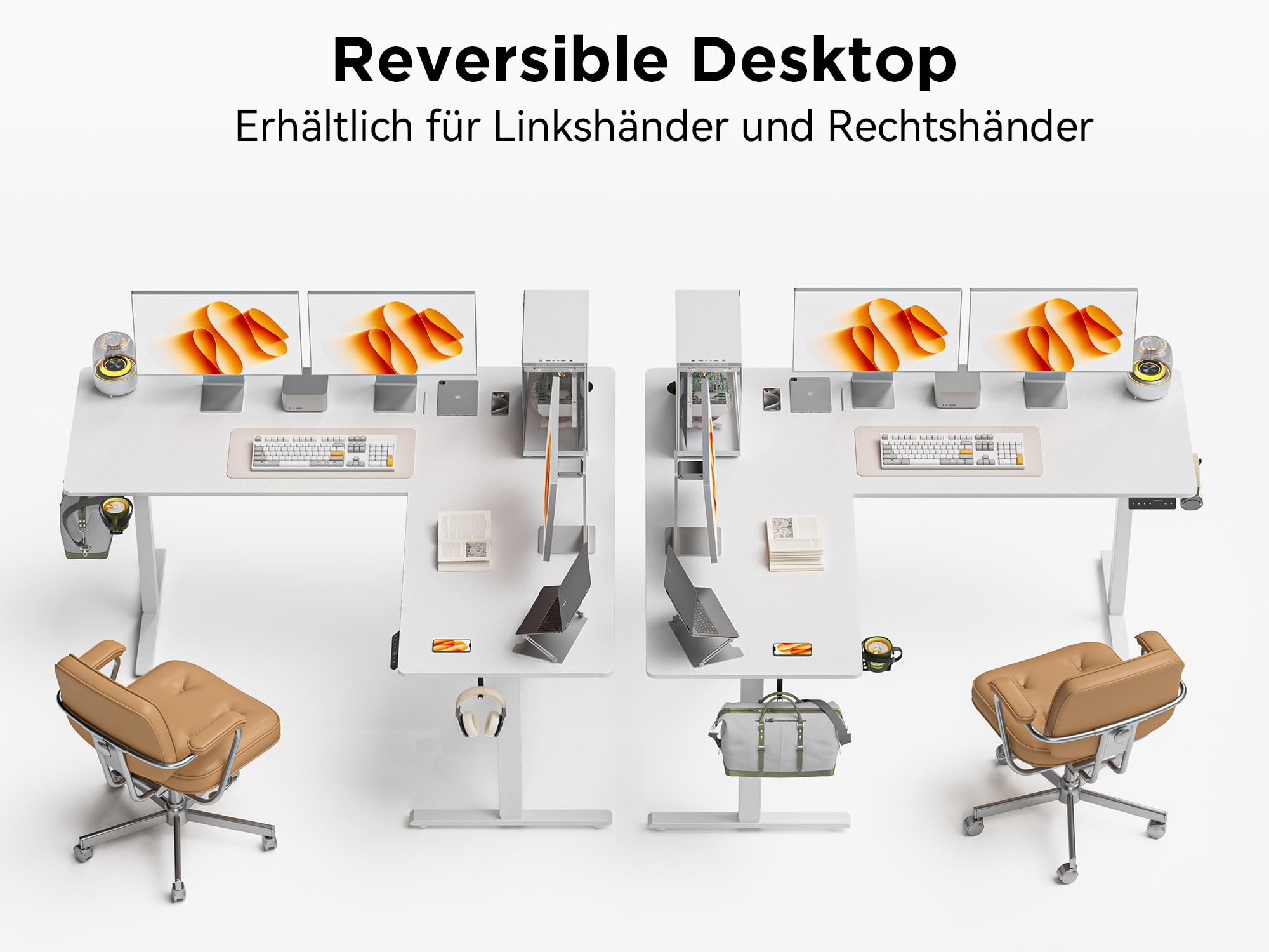 WALKINGDESK Bureau électrique en L, 135 x 115 cm Bureau d'angle Assis Debout, Ergonomique Bureaux Réglable en Hauteur, Standing Desk avec 4 Contrôles de Mémoire, 2 Crochet, Blanc
