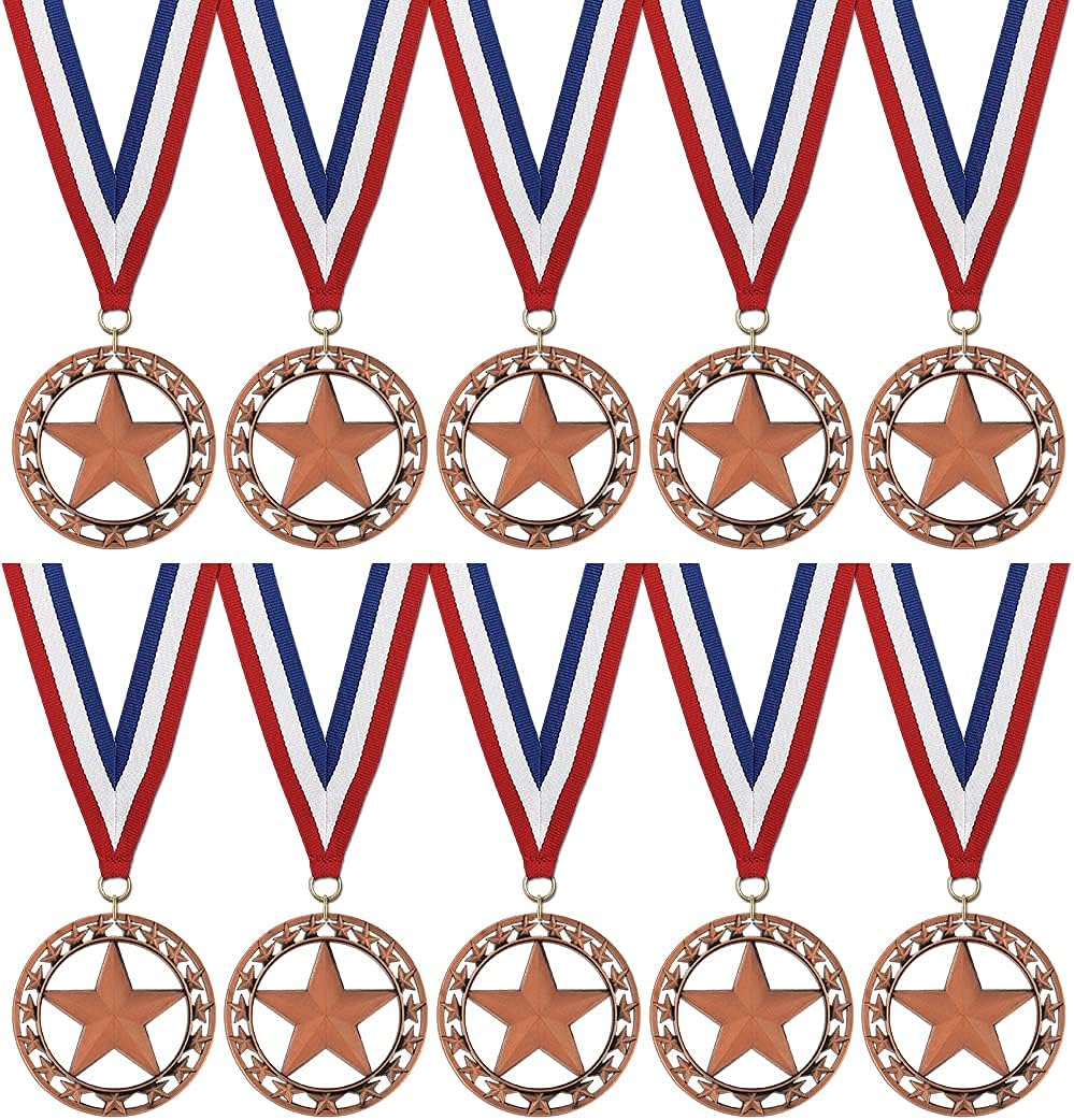Hodges Badge Company RS Star Gold, Silver, and Bronze Medals with Red White and Blue Neck Ribbon- Made of Metal- Sold in Sets of 10 of Either Gold, Silver, or Bronze