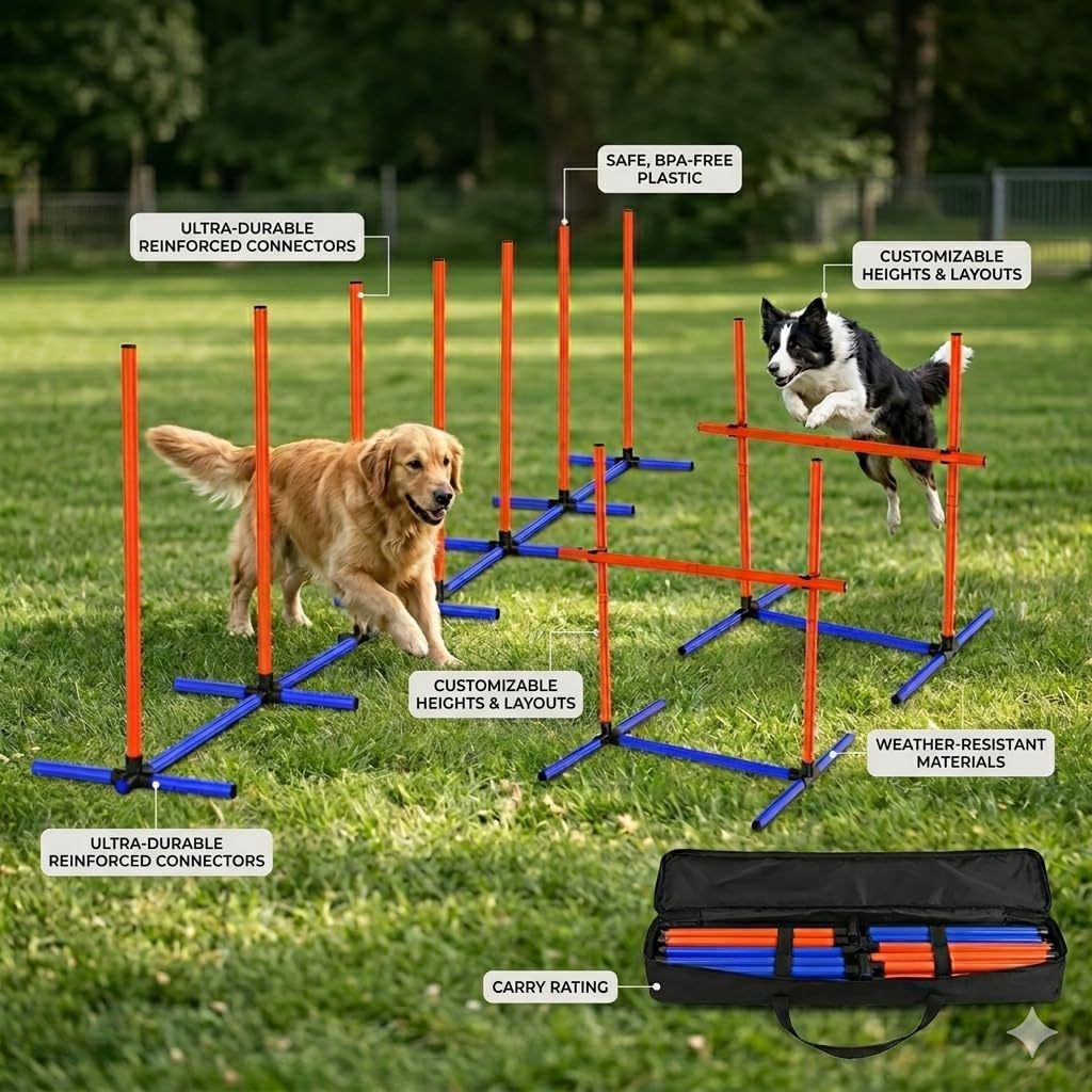Dog Agility Training Equipment, 4-Sets Adjustable Dog Jumps & Hurdles Set for Backyard, Outdoor Dog Obstacle Course Training Starter Kit with Weave Poles, Pause Box & Carrying Bag for Large Small Dogs