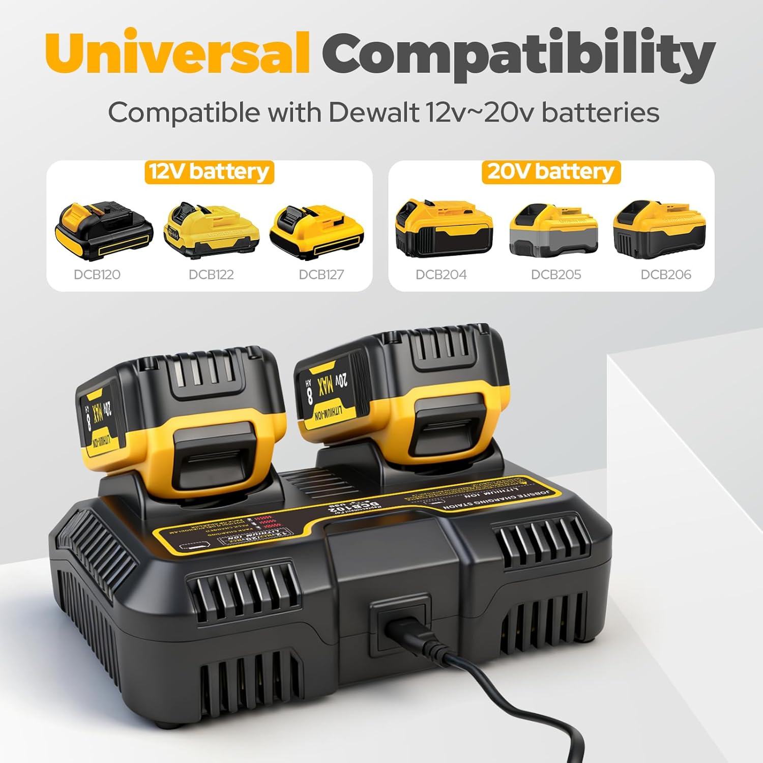 8.0Ah 20V Lithium ion Compatible with DCB208 Battery 4-Pack and DCB102 Battery Charger Station Compatible for Dewalt 20V Max Batteries DCB207 DCB206 DCB204 DCB203 DCB200 DCB201 Cordless Power Tools
