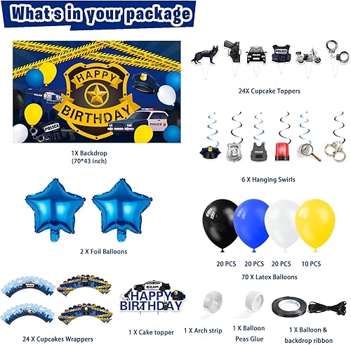 Miniatura 2 de Suministros de fiesta de cumpleaños de policía, 159 piezas de decoración de fiesta de autos de policía para niñas y niños - telón de fondo,