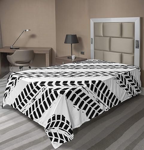 Lunarable Sábana encimera para motocross, marcas de neumáticos en patrones monocromáticos, ilustración de carreras de motocross, suave y cómoda, 1