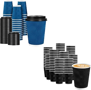 Lamosi 12 OZ Coffee Cups 100 Pack No Lids and 12 OZ Blue Coffee Cups with Lids 50 Pack