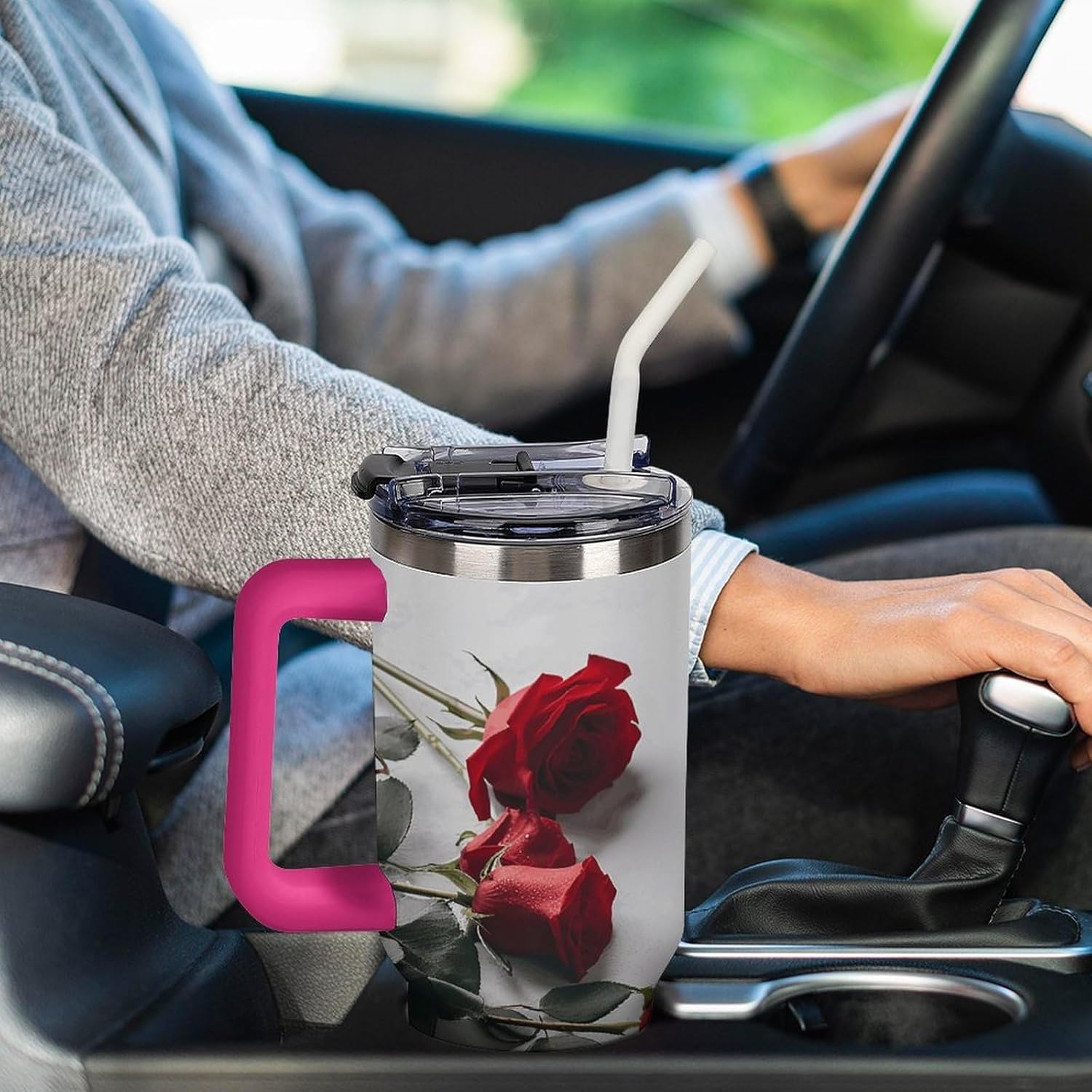 Large Car Cup with Handle&Lid Fashion Valentine Red Rose Tumbler Sturdy Insulated Water Bottle Stainless Steel Vacuum Travel Mug Portable Coffee Cup for Home Outdoor 40 Oz Light Rose Red-style