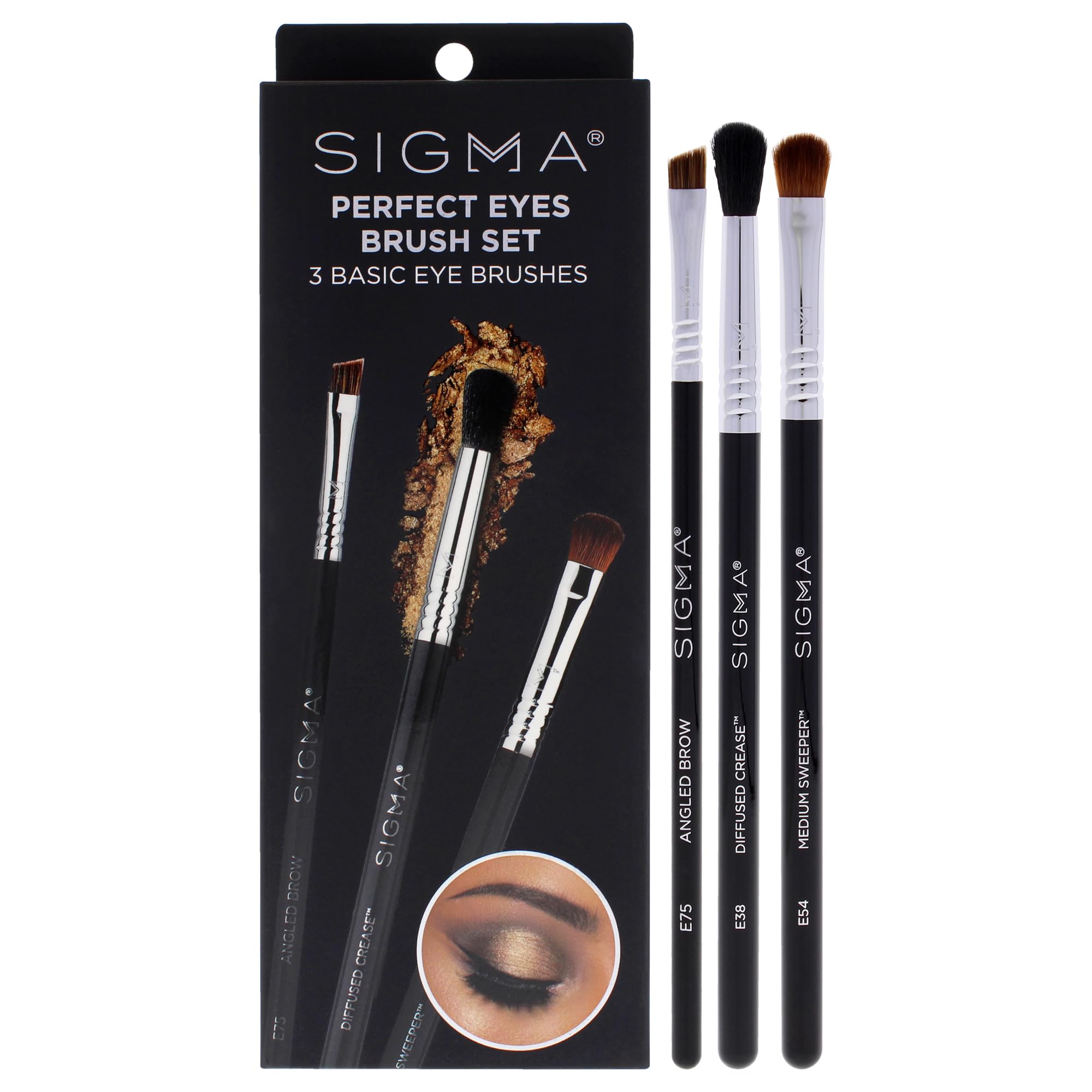 Perfect Eyes Brush Set by SIGMA for Women - 3 Pc Diffused Crease Brush - E38, Medium Sweeper Brush - E54, Angled Brow Brush - E75