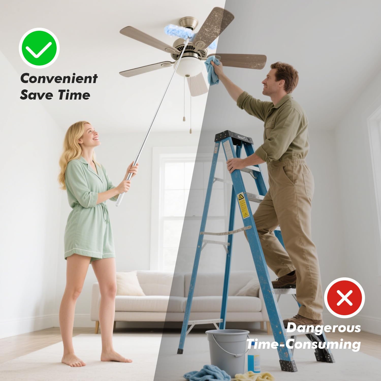 Mango de plumero extensible de 6 pies con 10 recambios, compatible con Swiffer, almohadillas desechables de microfibra para limpieza del hogar, techo, ventilador, ventana, zonas de difícil acceso
