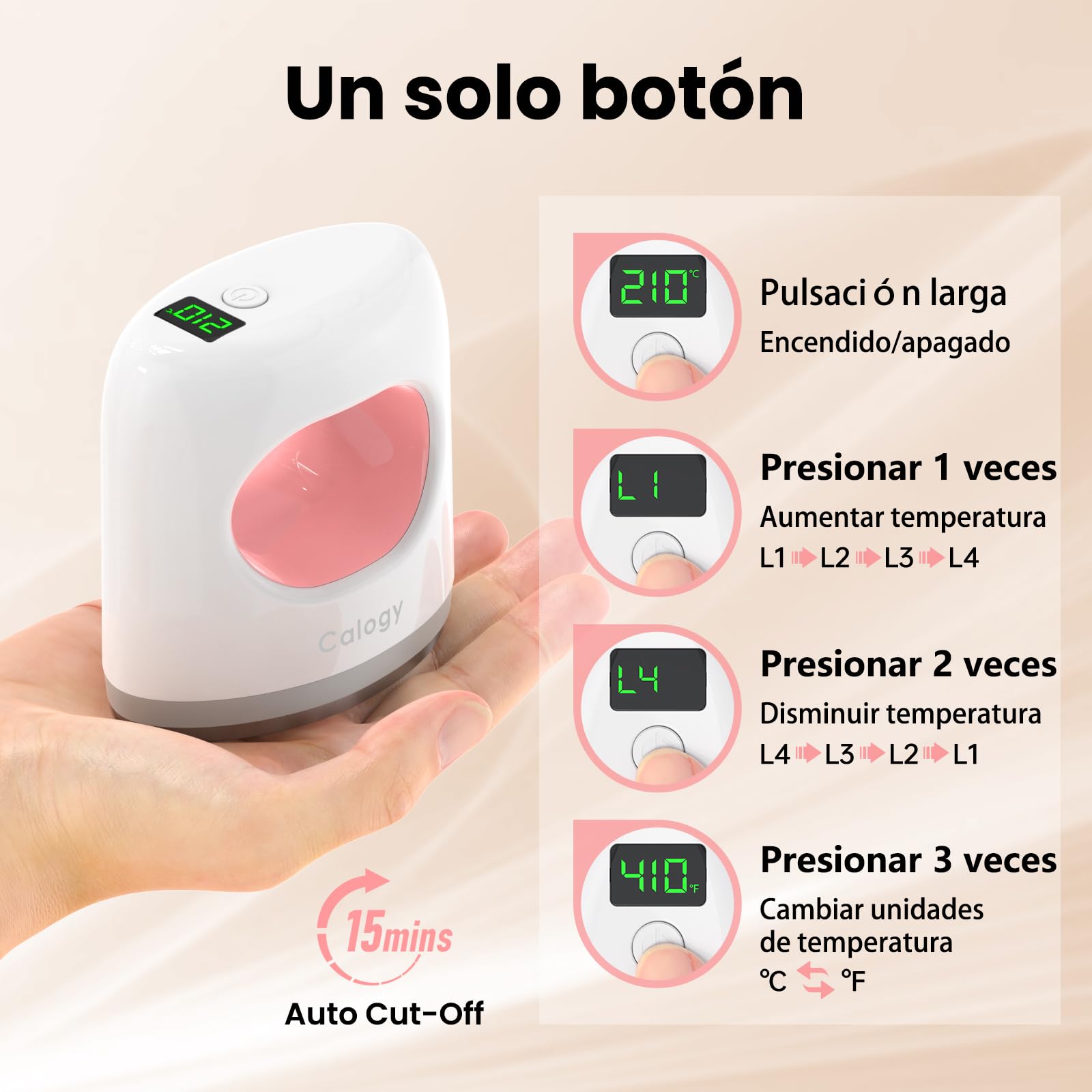 Calogy Prensa térmica Super Mini, 4 ajustes de temperatura máximo 210 °C, pantalla LED, 15 mins apagado automático, mini plancha de precisión para zapatos, gorras, posavasos y parches (Blanco Rosa)