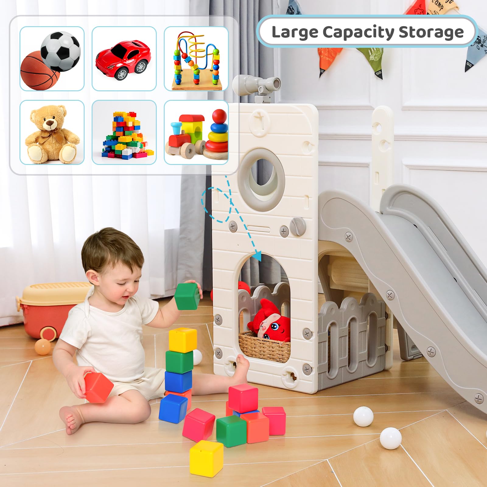 Kinderrutsche, Indoor & Outdoor Rutsche ab 1 Jahre, Freistehende Rutsche mit Stauraum & Spielteleskope, Gartenrutsche, Kinder Spielplatz, mit 2PCS Moduls, Grau Weiß