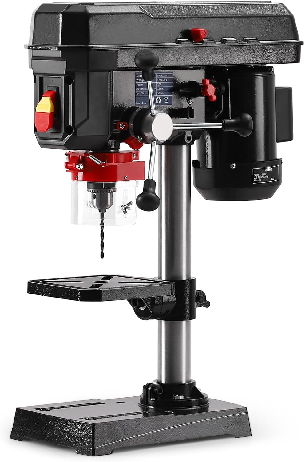Taladro de columna: 2,5 amperios, ajustable en 5 velocidades, rango de giro de 20 cm, bandeja reclinable de 0 a 45°, ideal para madera y metal