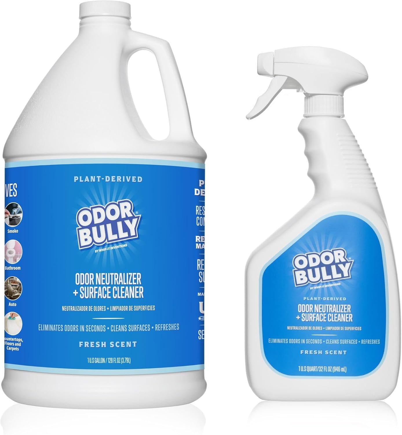 Whip-It Odor Bully Instant Odor Neutralizer Spray - Stain Remover and Odor Eliminator for Home and Car in One - Gallon and 32oz Spray