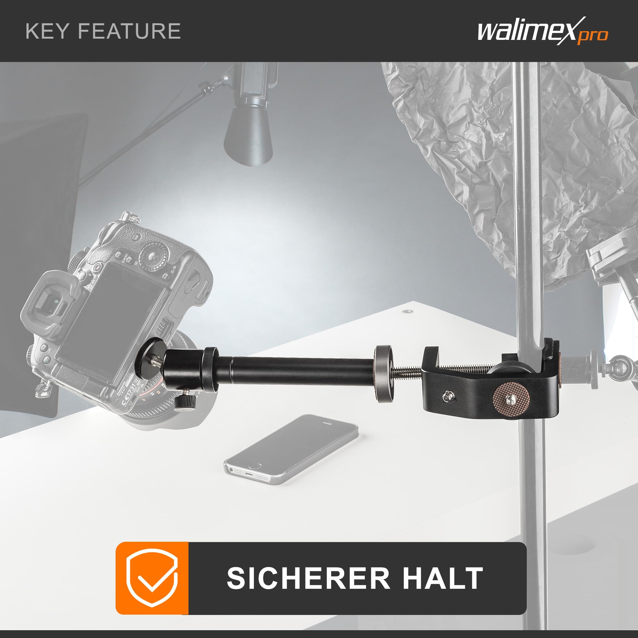 Walimex pro KX-20 Stativ Klemme – Klemmstativ, Blitzklemme, Aluminium, mit ausziehbarer Mittelsäule 12,5-20 cm, für Kamera, LED Leuchten, Halterung für Stativ, Rohr, Platte, Tisch