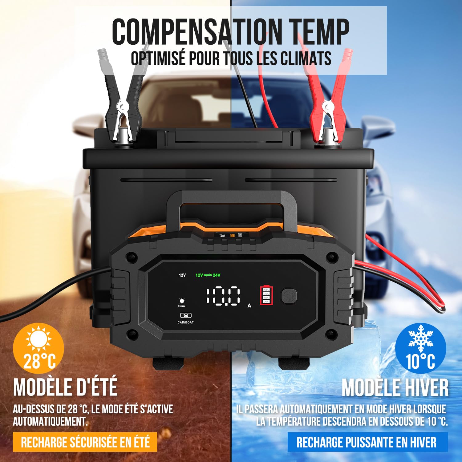 Chargeur de Batterie Intelligent 10A, 12V 24V LiFePO4 Chargeurs de Batterie pour Auto, Mainteneur de Automatique avec Compensation de Température pour Voiture Moto Camion, AGM, Gel, Wet, SLA