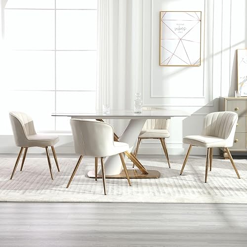 Miniatura 7 de Juego de 2 sillas de comedor de terciopelo beige tapizadas con patas doradas, sillas de acento modernas de mediados de siglo, sillas laterales sin