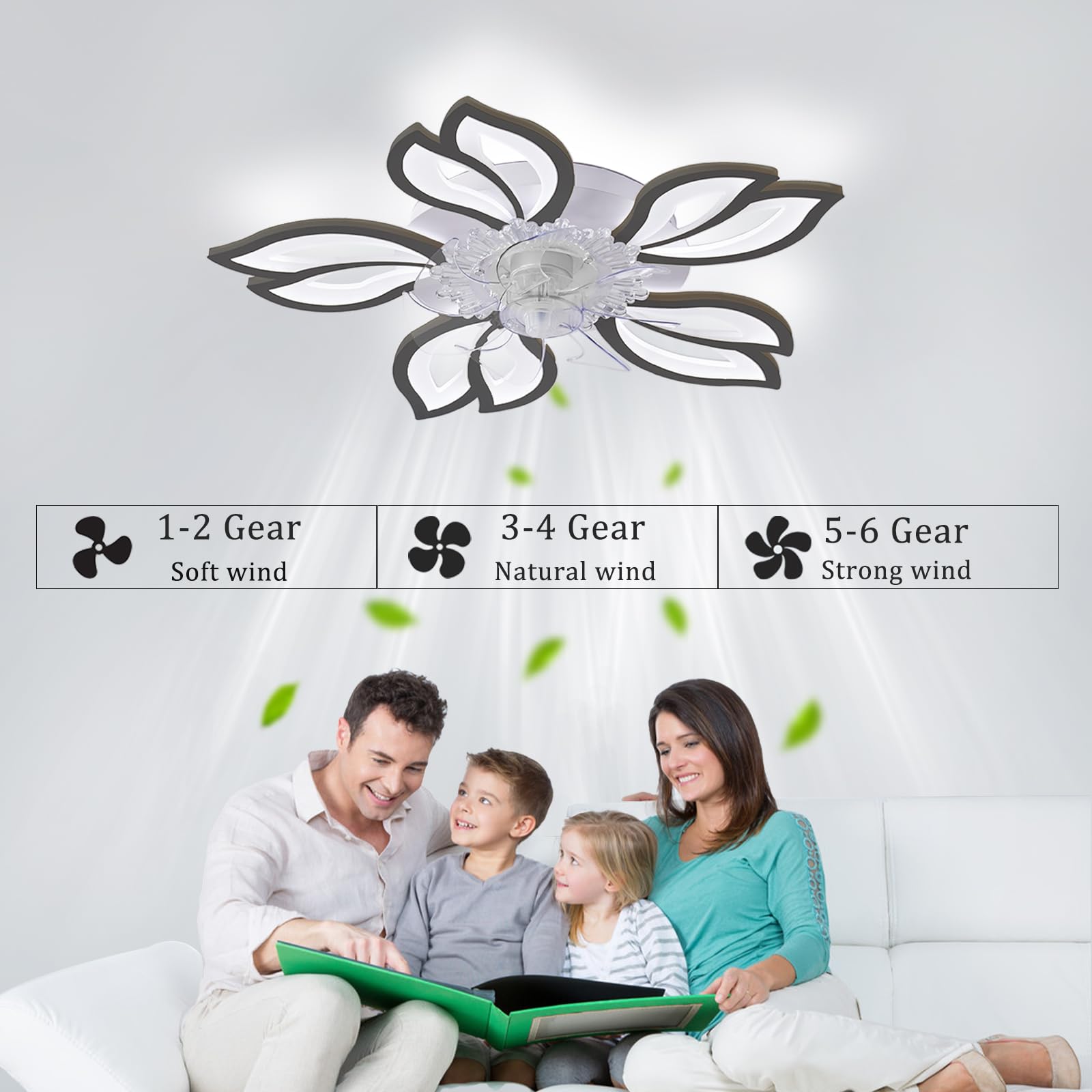 ATEEZ Lampadario Ventilatore da Soffitto Bambini Telecomando Silenzioso Ventilatore da Soffitto con Luce 6 velocità Dimmerabile Reversibile modalità Inverno Estate Plafoniera con Ventilatore-White