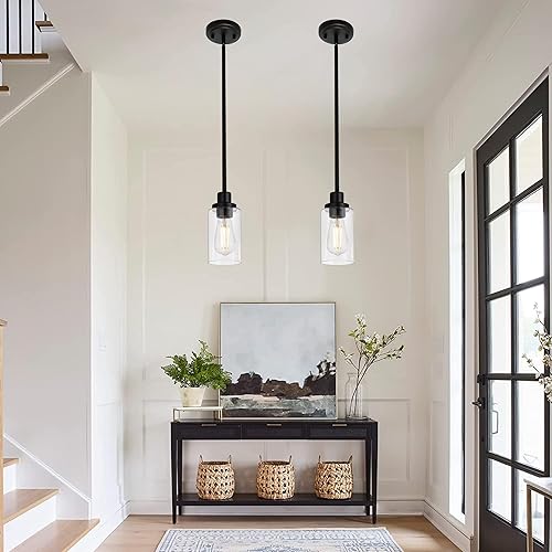 Miniatura 5 de MELUCEE Iluminación colgante de isla de cocina, paquete de 3 lámparas de techo ajustables negras con pantalla de vidrio transparente para bar,