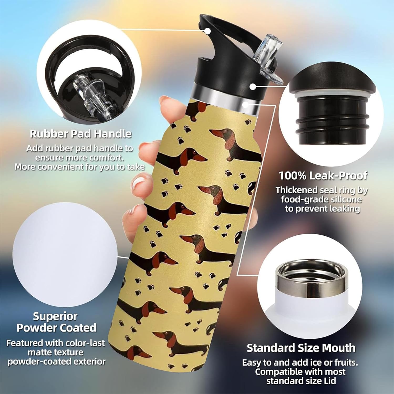 Dog Dachshund Water Bottle Adult Kids With Straw Lid Insulated Stainless Steel Travel Mugs for Sport Gym Outdoor 20oz - Image 2