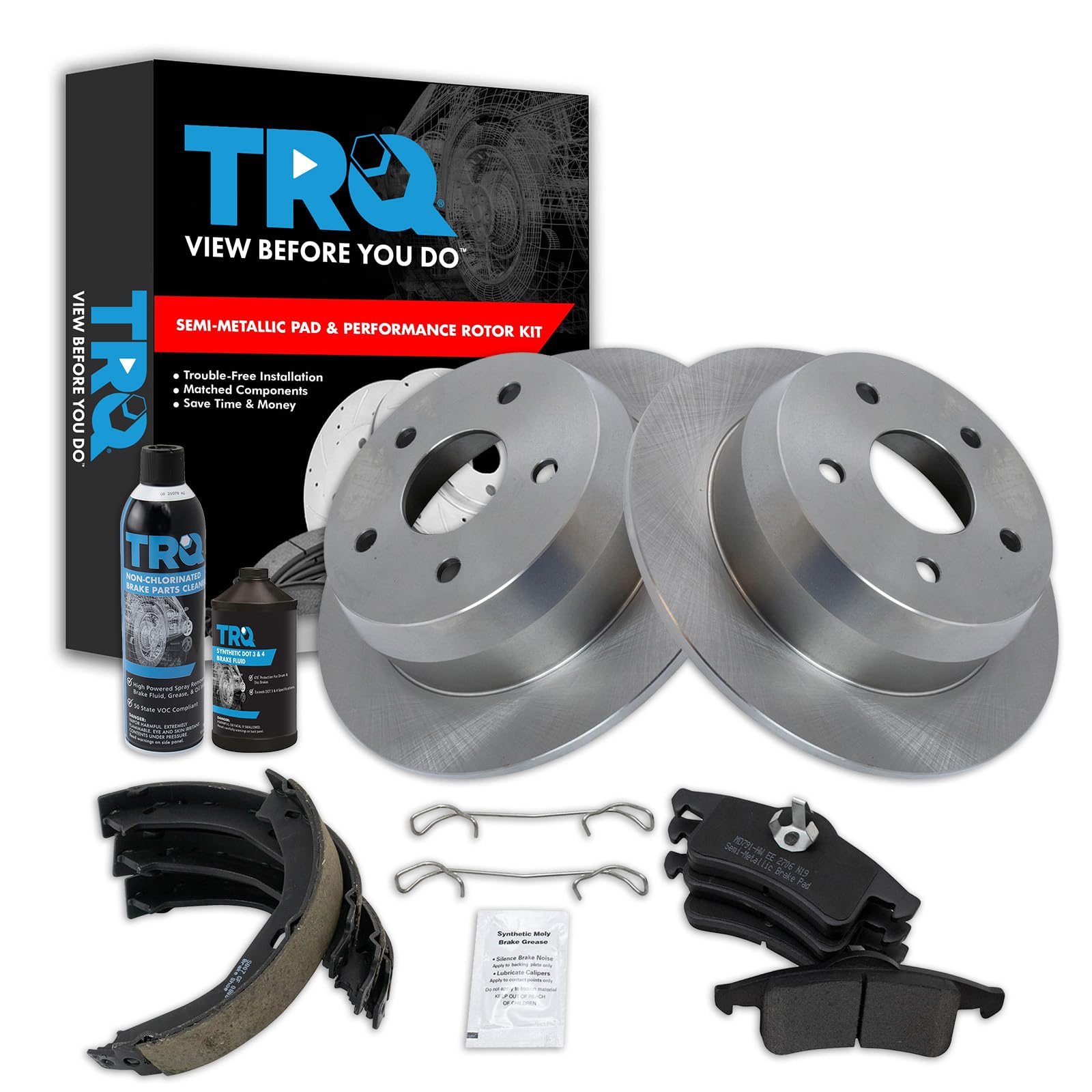 TRQ Rear Brake Pad &amp; Rotor Kit, with Chemical Kit Parking Brake Shoe Set Semi-Metallic Compatible with 1999-2004 Jeep Grand Cherokee