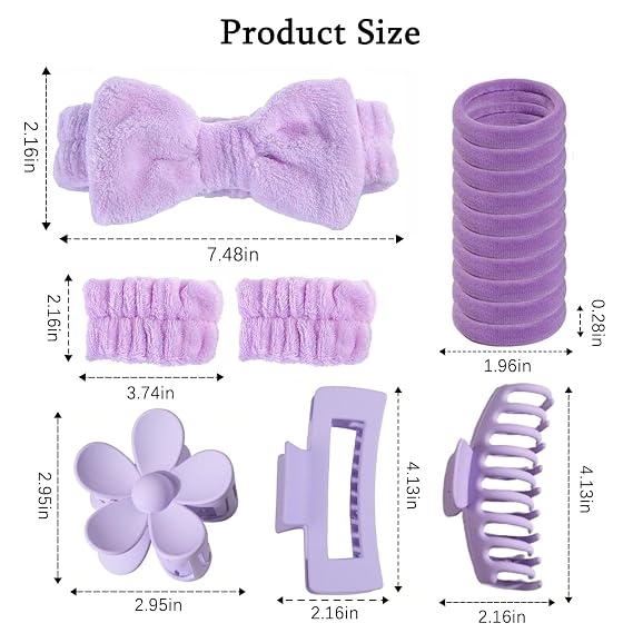 16Pcs Skincare Headhands Wristbands Hair Ties Set for Women Washing Face Hair Claw Clip Spa Makeup Hairband for Women Purple