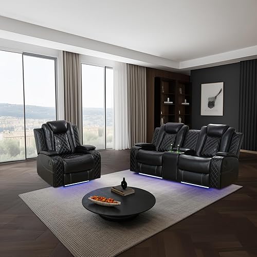 Power Leather Recliner Sofa Set with LED Light,Reclining Loveseat and Chair Set with USB,Leather Couch Set for Loveseat with Storage Console/Single Recliner 2 PCS for Living Room(Black,2+1)