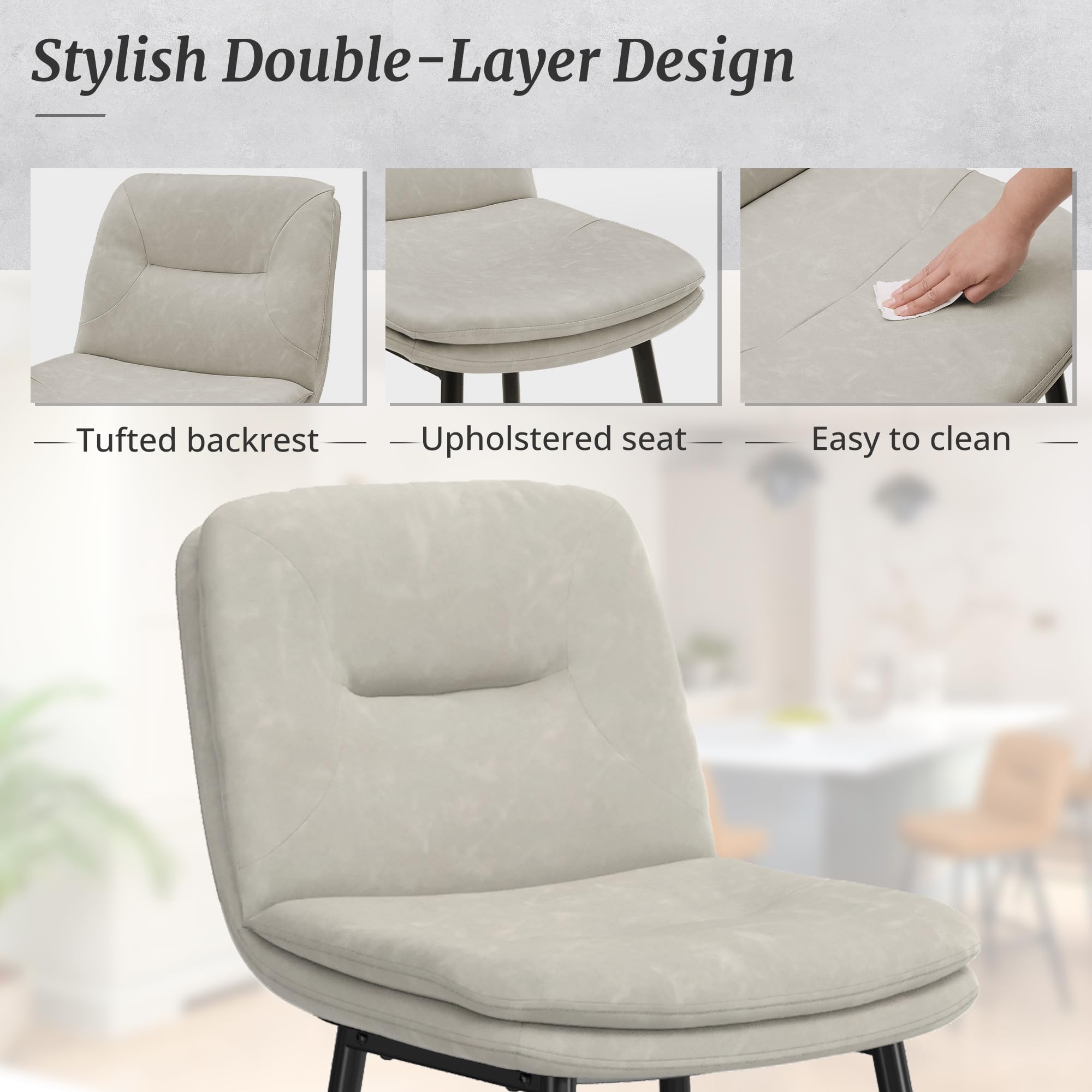 Bar Stool , Double-Layer Upholstered Counter Height Bar Stools for Kitchen Island, Faux Leather Barstools with Back and Footrest, 24 Inch Armless Barstool Chairs, Light Beige Gray