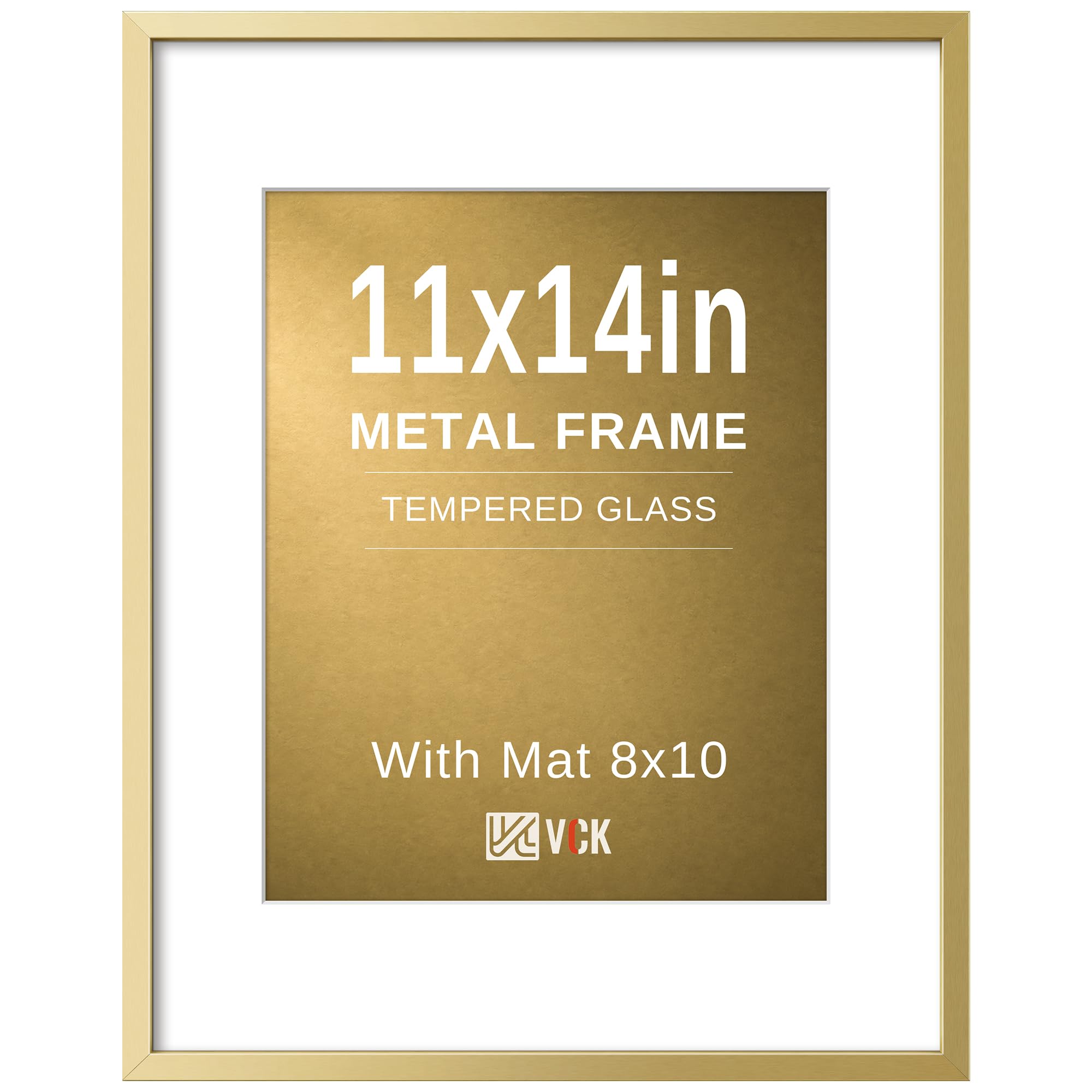 VCK 11x14 Picture Frame Gold Metal, Real Glass, 8x10 Mat, for Print