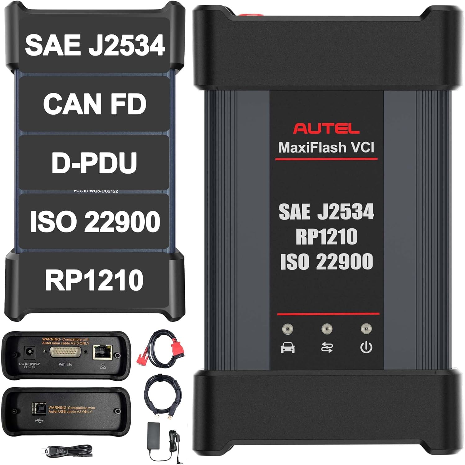 Autel MaxiFlash VCI Kit, J2534 Pass-Thru Programming Device, Compatible with MS909/MS909EV/MS909CV/Ultra Lite/Elite II Pro, Supports CAN FD, DoIP, RP1210, ECU Coding & BMW Benz Programming