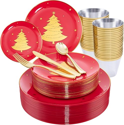 WDF 150 platos de Navidad, platos de plástico rojo de Navidad con árbol de Navidad, cubiertos de plástico dorado, tazas doradas transparentes,