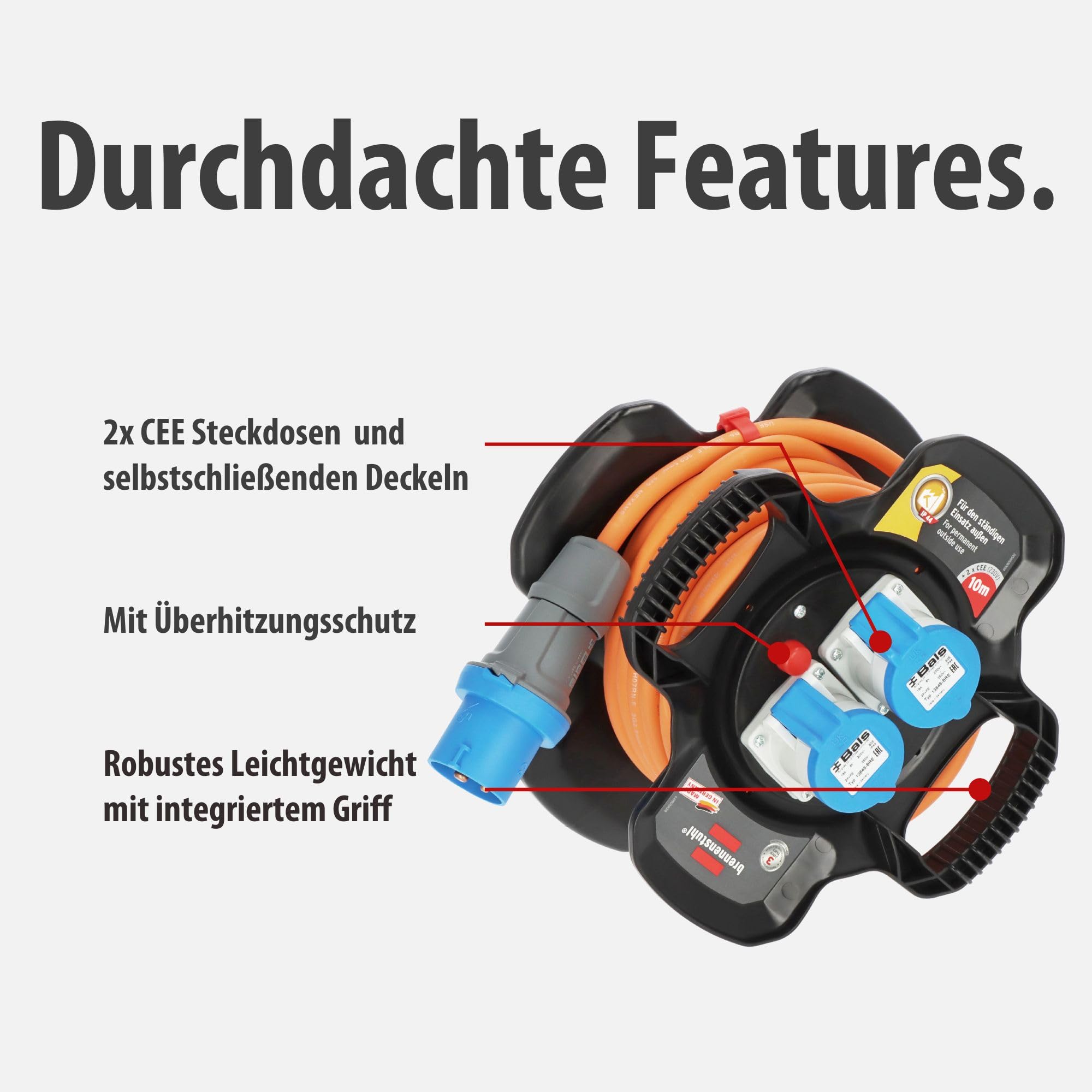 Brennenstuhl CEE 230V Camping Kabeltrommel X-Gum (10m H07RN-F 3G2,5 Kabel in orange, Kabeltrommel mit 2 CEE- und 3 Schutzkontakt-Steckdosen, ständiger Einsatz außen IP44, Made in Germany)