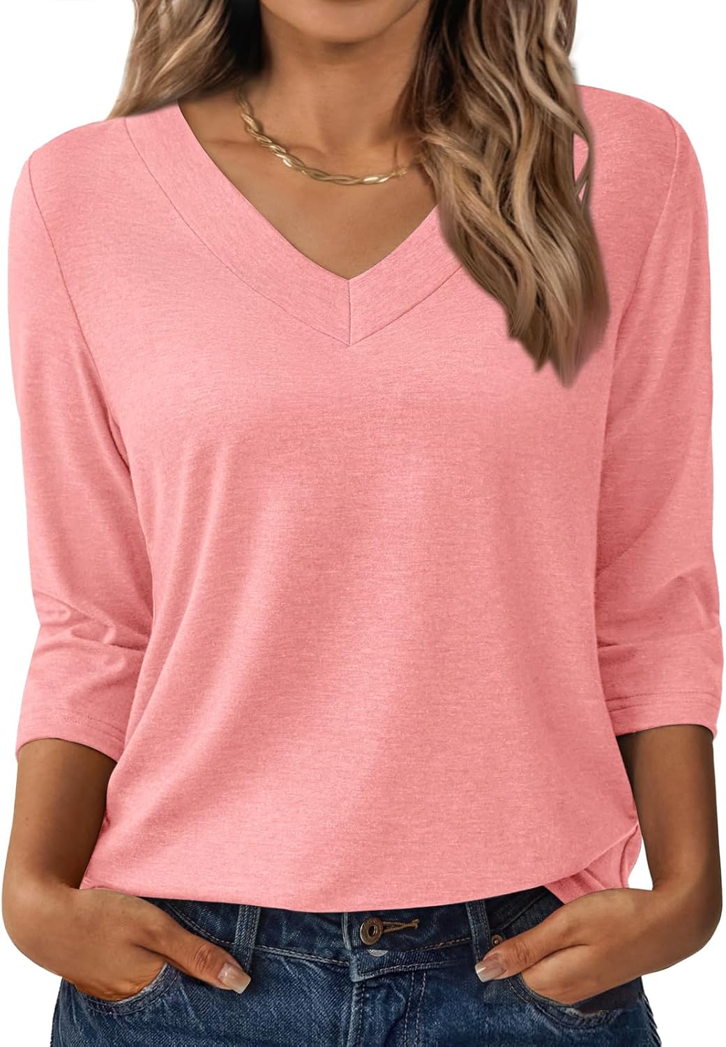 3/4 Length Sleeve Womens Tops V Neck Casual Tunic Loose Fit Basic Shirts Trendy Tops for Women 2025